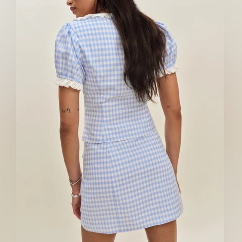 NEW Reformation Janell Two Piece Set Crystal Check Light Blue White | US 2 UK 6 - Picture 3 of 12